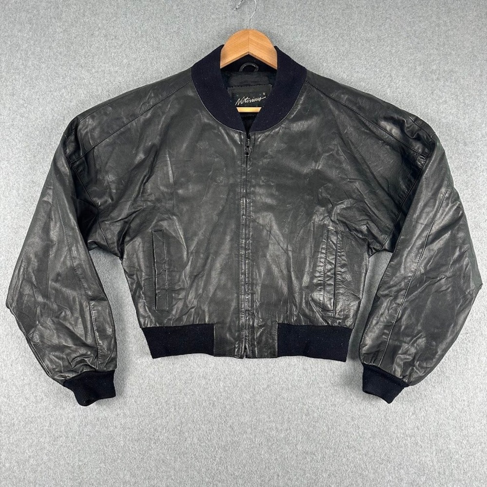 Notorious Black Genuine Leather Bomber Jacket Women's‎ Medium Varsity Biker Moto